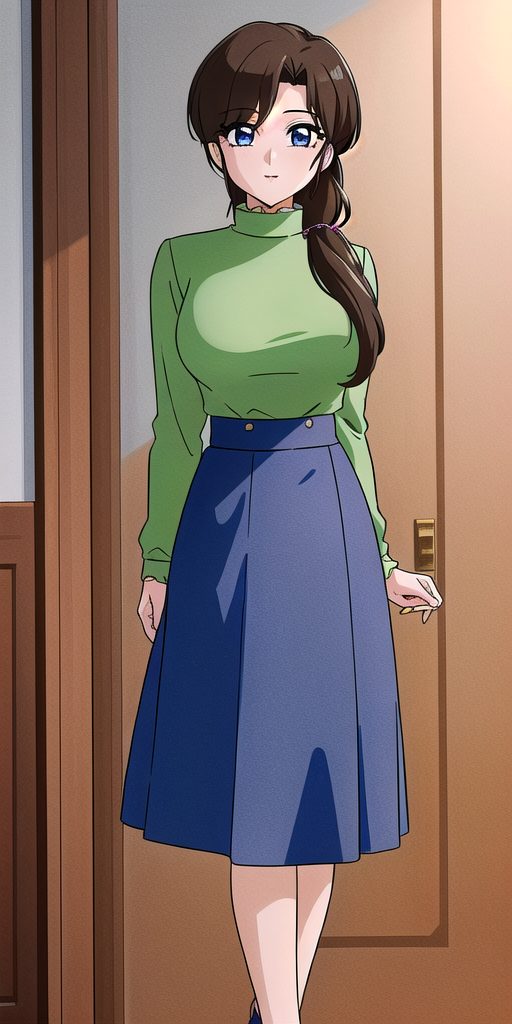 04610-3873519577-, tendou_kasumi, , Green_Turtleneck_Shirt_Blue_Skirt, standing, solo, large breasts,, masterpiece, best quality, detailed face,.png